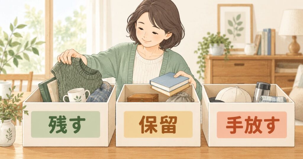 夫の遺品を残す・保留・手放すの3つの箱に分けている様子