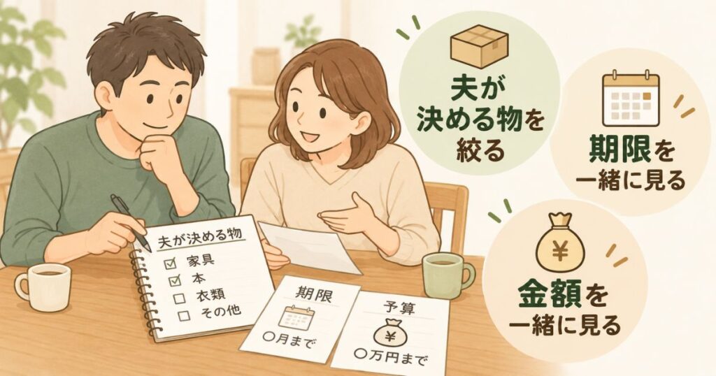 義実家の片付けについて夫婦でメモを見ながら話す様子
