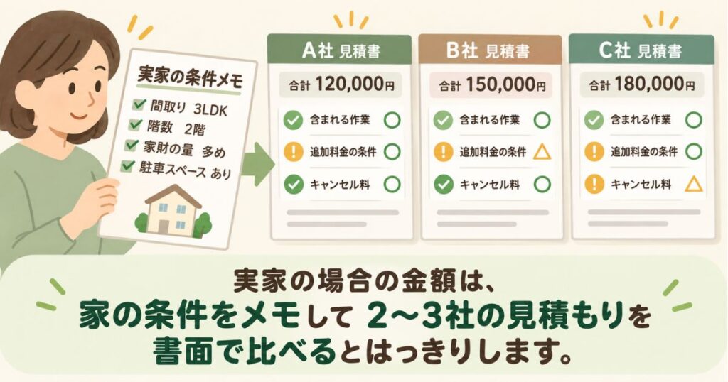 実家の条件メモをもとに2〜3社の遺品整理の見積書を並べて比べる流れの図